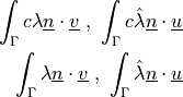 \int_{\Gamma} c \lambda \ul{n} \cdot \ul{v} \mbox{ , }
\int_{\Gamma} c \hat\lambda \ul{n} \cdot \ul{u} \\ \int_{\Gamma}
\lambda \ul{n} \cdot \ul{v} \mbox{ , } \int_{\Gamma} \hat\lambda
\ul{n} \cdot \ul{u}
