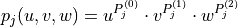 p_j(u, v, w) = u^{P_j^{(0)}}\cdot v^{P_j^{(1)}}\cdot w^{P_j^{(2)}}