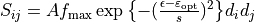 S_{ij} = A f_{\rm max} \exp{\left\{-(\frac{\epsilon -
\varepsilon_{\rm opt}}{s})^2\right\}} d_i d_j
