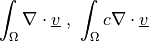 \int_{\Omega} \nabla \cdot \ul{v} \mbox { , }
\int_{\Omega} c \nabla \cdot \ul{v}