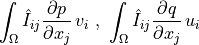 \int_{\Omega} \hat{I}_{ij} {\partial p \over \partial
x_j}\, v_i \mbox{ , } \int_{\Omega} \hat{I}_{ij} {\partial q \over
\partial x_j}\, u_i
